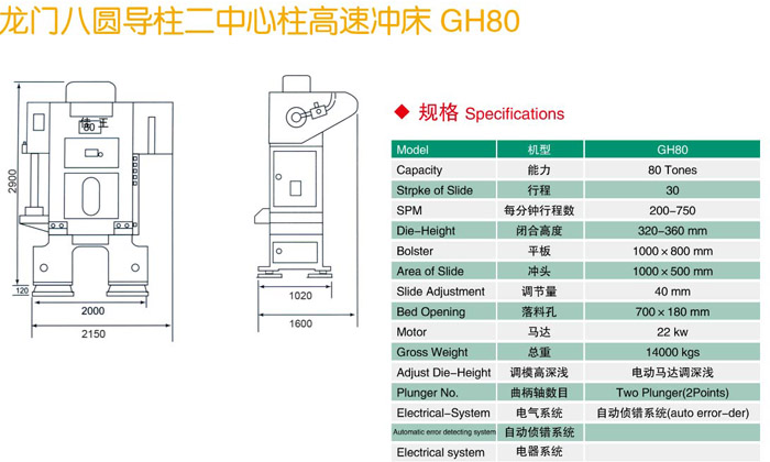 H型八圓導柱高速沖床(GH80)參數